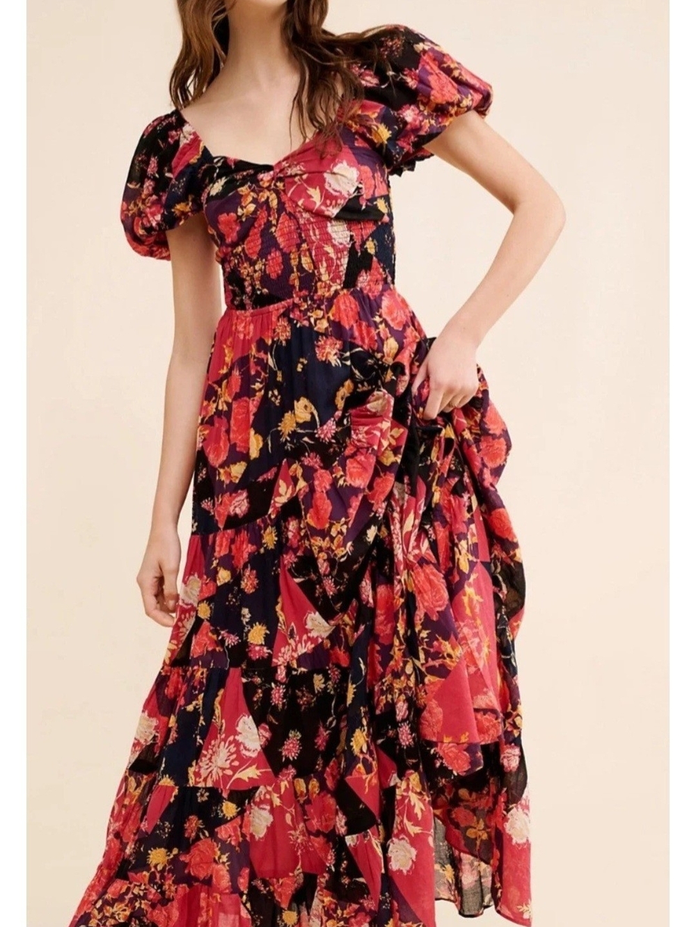 Free People Floral Puff-Sleeve Maxi Dress in Red and Black